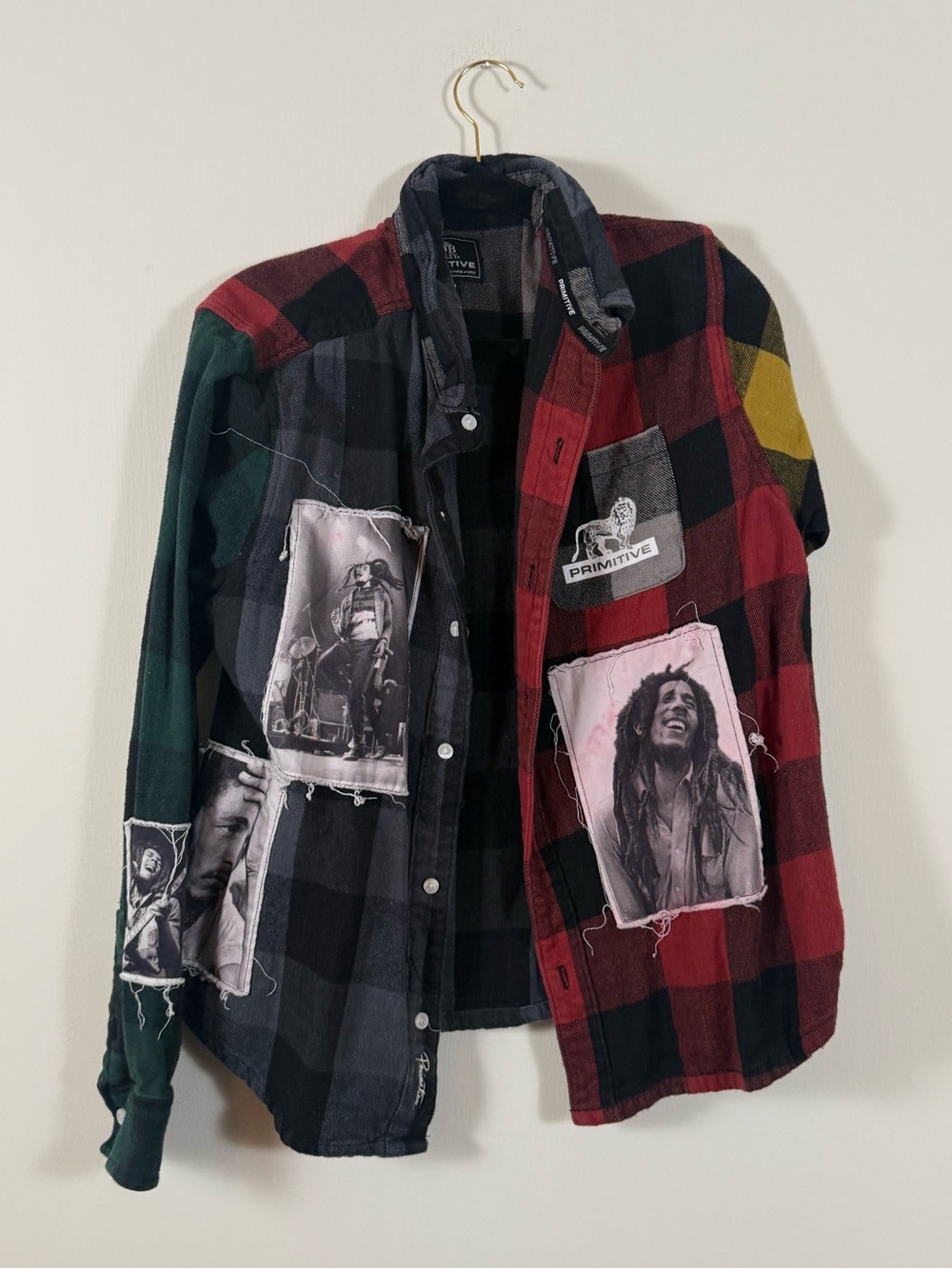 Primitive Patchwork Plaid Flannel Shirt - Red, Black, Green, Yellow